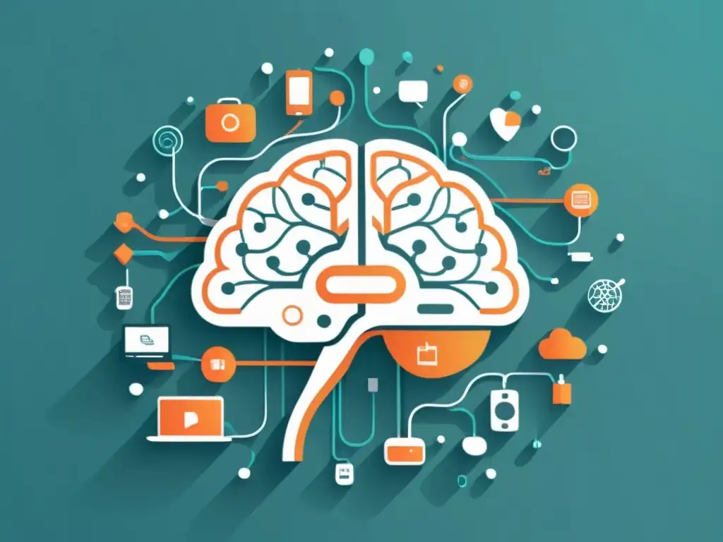 Conexiones digitales: La influencia de la tecnología en la mente Ilustración digital minimalista de un cerebro humano rodeado de dispositivos interconectados, con ondas sutiles que fluyen hacia el cerebro
