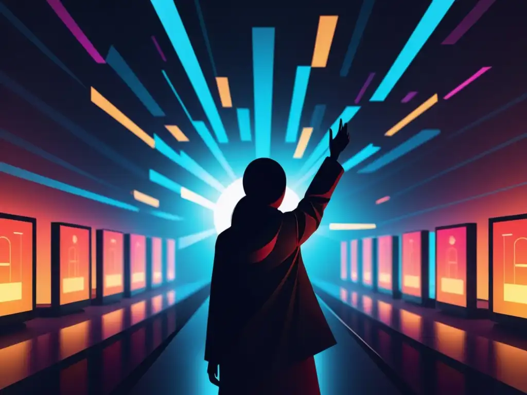 Ilustración digital: Cultos y tecnología en la era digital Una ilustración digital minimalista de una figura sombría rodeada de pantallas brillantes con símbolos e imágenes relacionados con cultos