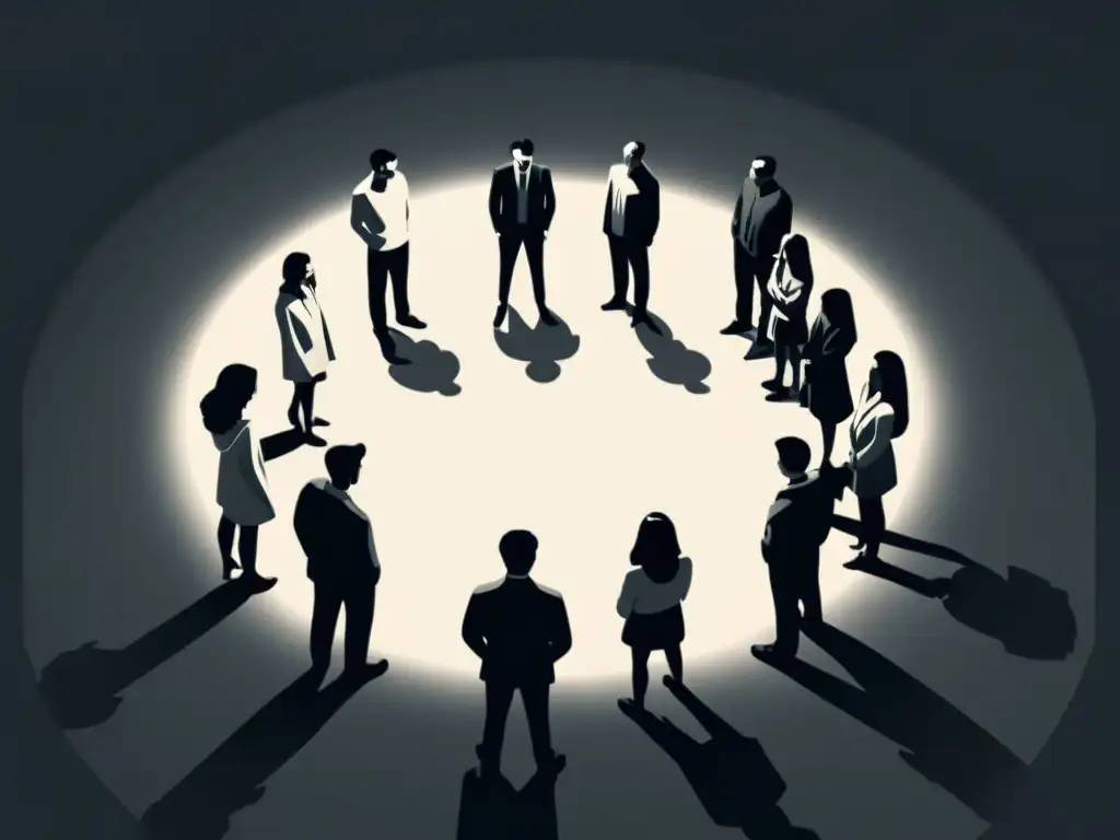 Ilustración digital minimalista de un grupo en círculo con uno en el centro, simbolizando la manipulación psicológica en cultos