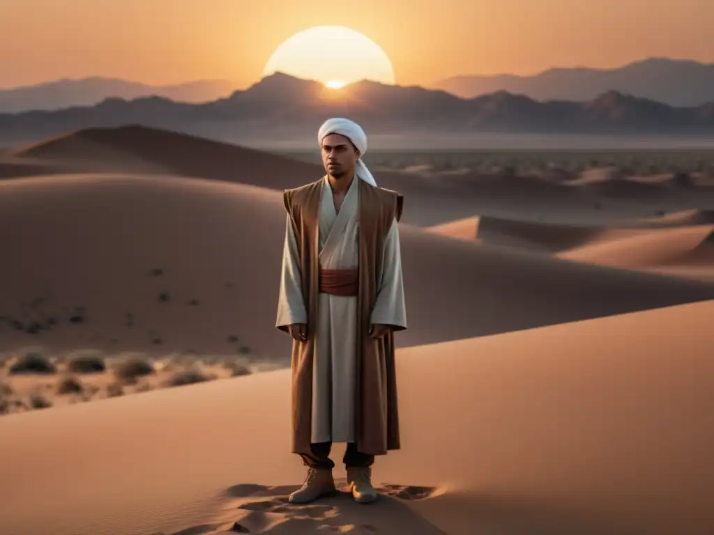 Ilustración digital minimalista de Michael Travesser en un paisaje desértico al atardecer, con expresión calmada