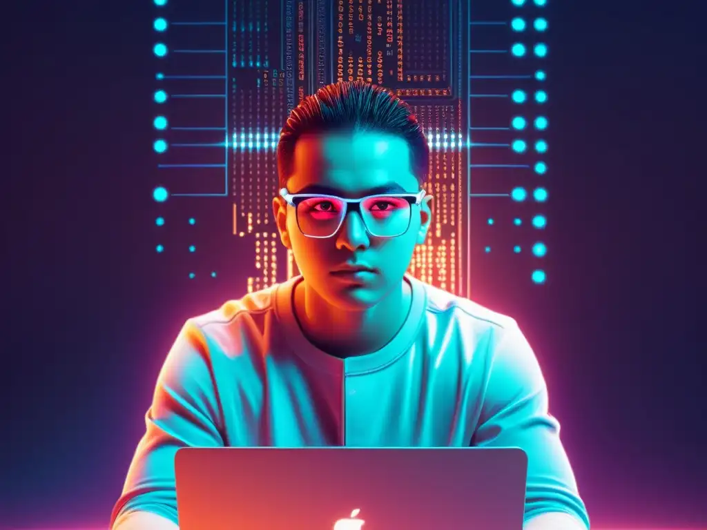 Ilustración digital: Código binario y cerebro en gafas Ilustración digital minimalista de una persona frente a la pantalla de una computadora, reflejando código binario y circuitos en sus lentes