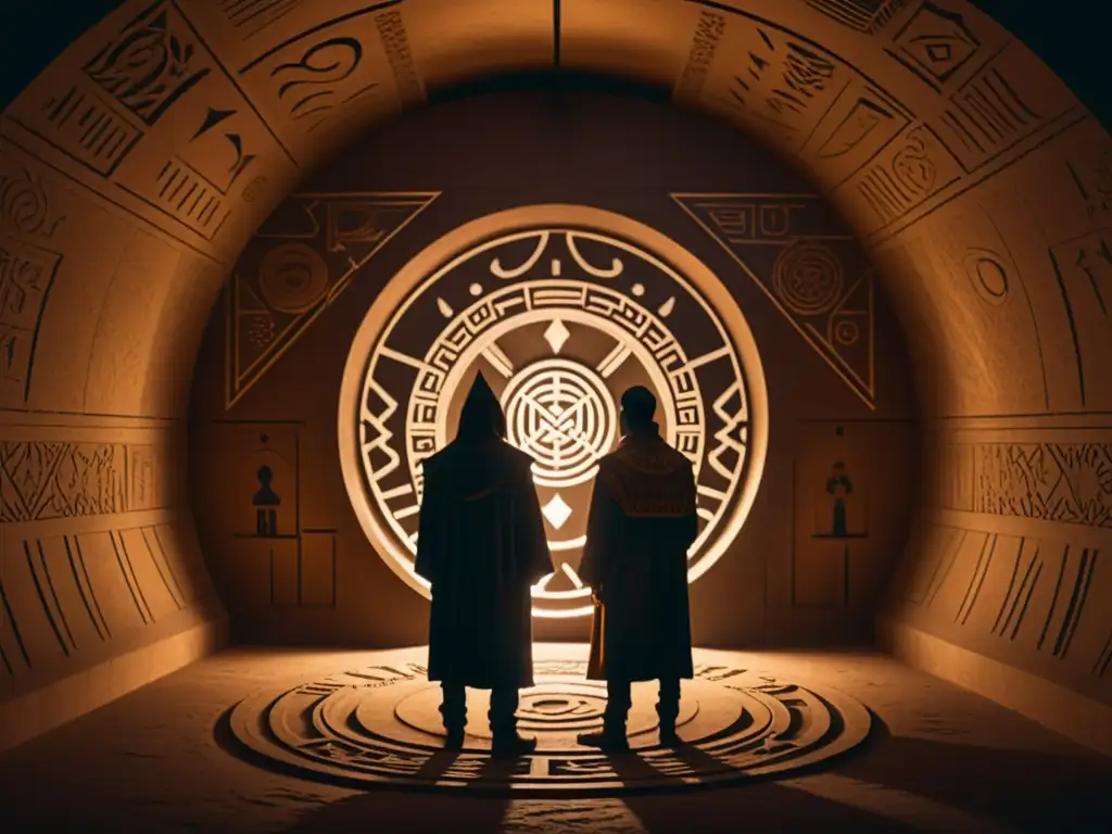 Escena subterránea: iniciación misteriosa con símbolos geométricos Ilustración digital de una misteriosa cámara subterránea con símbolos geométricos y figuras encapuchadas en un ritual de iniciación en sectas