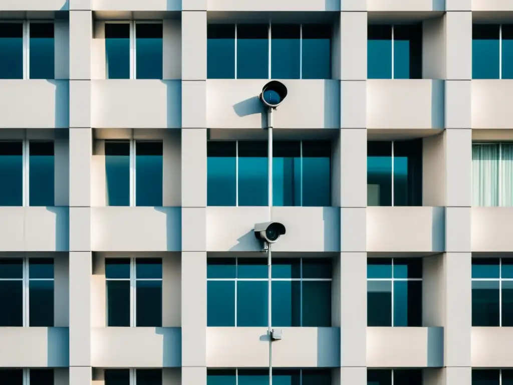 Vigilancia gubernamental: edificio moderno con cámaras de seguridad Edificio gubernamental moderno con cámaras de vigilancia, evocando tensiones y controversias sobre el monitoreo de cultos y privacidad