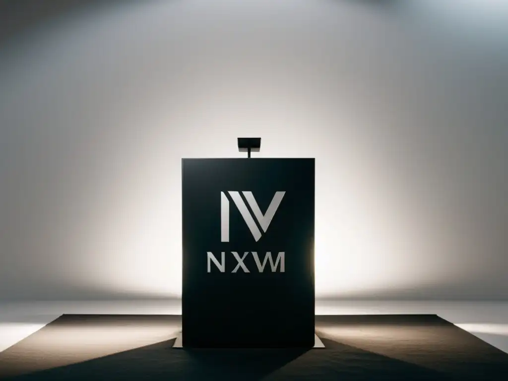 Un elegante pódium negro con el logo sutil de NXIVM, bañado en luz etérea sobre fondo blanco