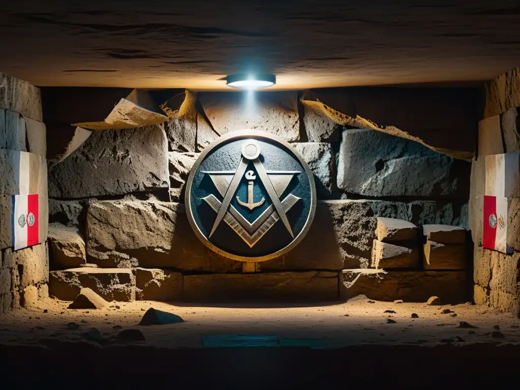 Emblema gubernamental en cámara subterránea iluminada, rodeado de banderas de sociedades secretas