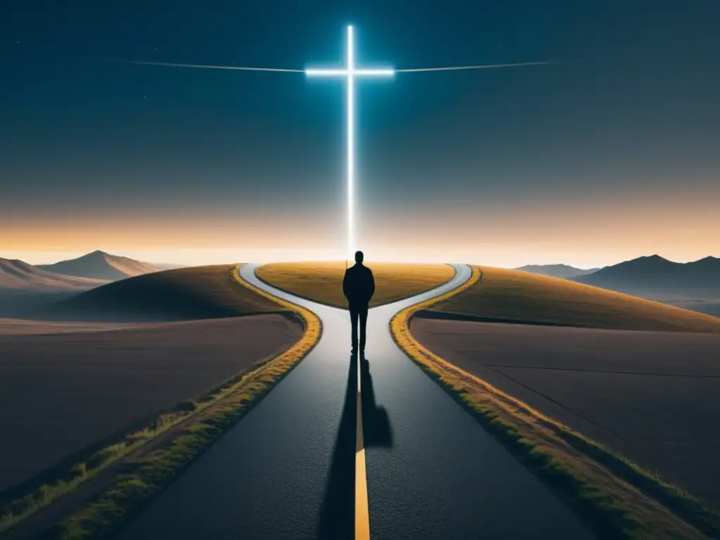 Figura en encrucijada, desafíos cognitivos abandonar sectas, reflexión y decisiones, dos caminos opuestos: luz y oscuridad