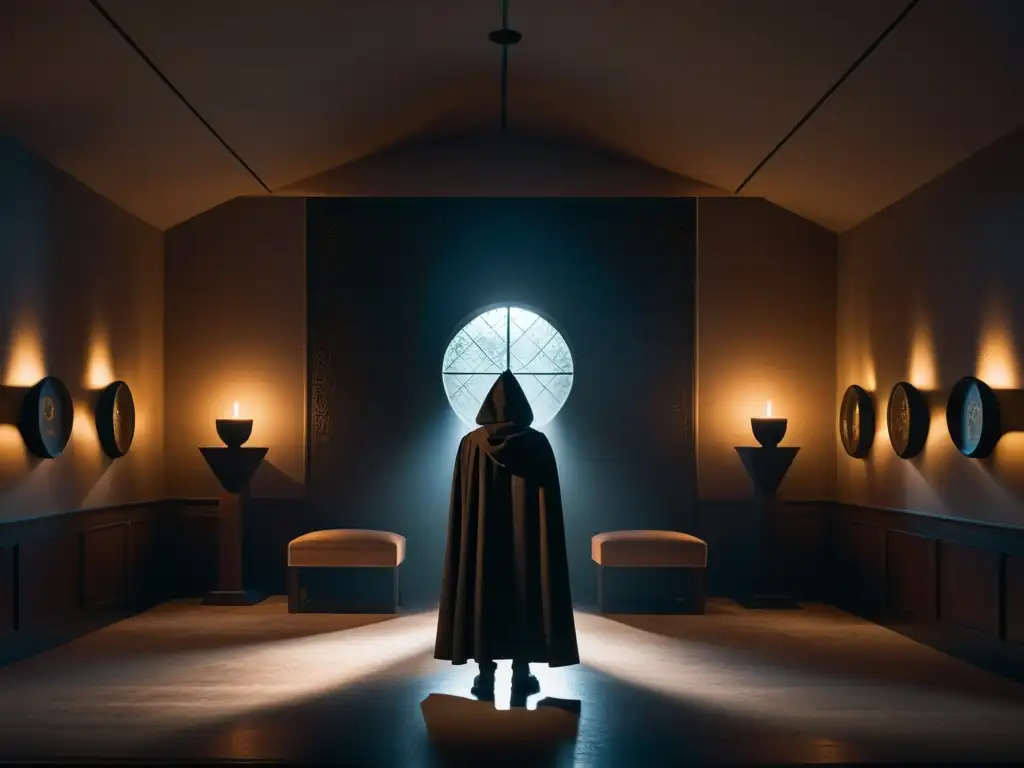 Rituales de iniciación en la penumbra: misterio y enigma Enigmática escena de rituales de iniciación en sectas: figura solitaria en un cuarto oscuro con símbolos misteriosos y gestos ritualísticos