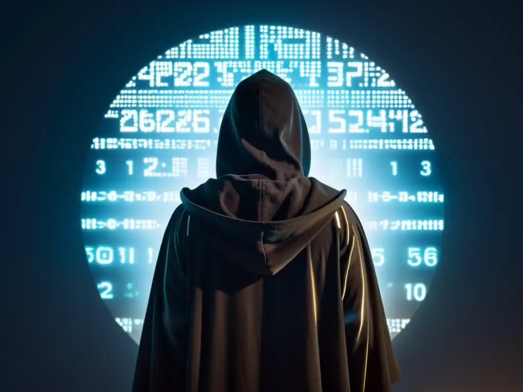 Enigmática silueta frente a pantalla digital con símbolos brillantes