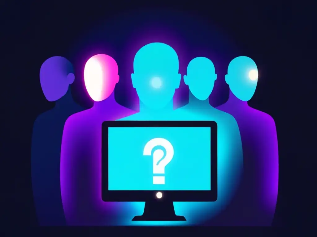 Figuras misteriosas en pantalla brillante: ilustración digital Un enigmático grupo de figuras sombrías rodea una pantalla de computadora brillante, con símbolos ominosos proyectados en sus rostros