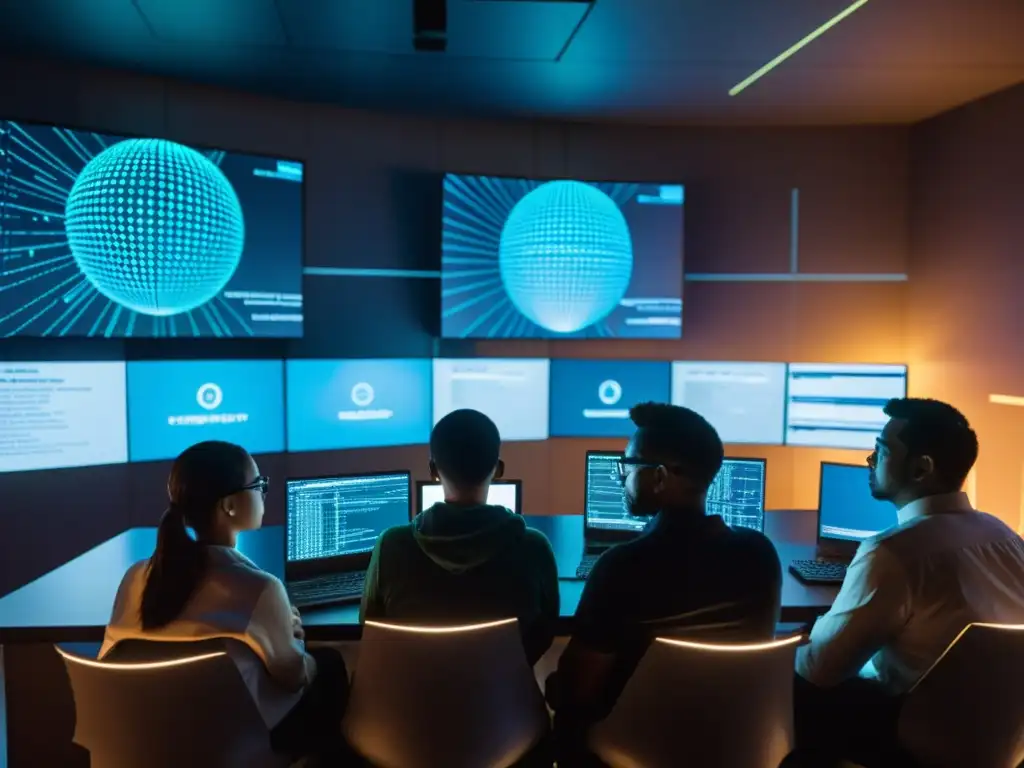 Operación Virtual: Desmantelando el Cybersecto Un equipo trabajando con determinación en la oscuridad, rodeados de pantallas y código, desmantelando una cibersecta