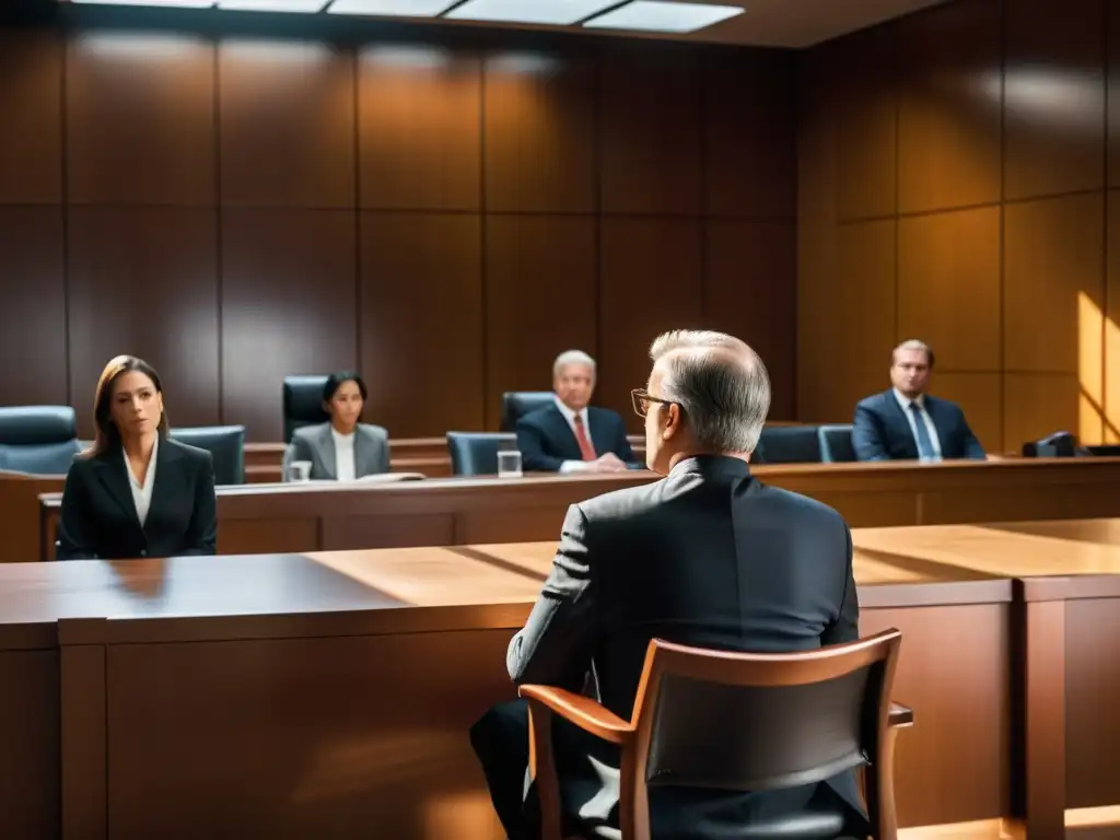 Escena judicial: veredicto en juego Escena en la corte con el acusado y su equipo legal, presentación de pruebas a juez y jurado