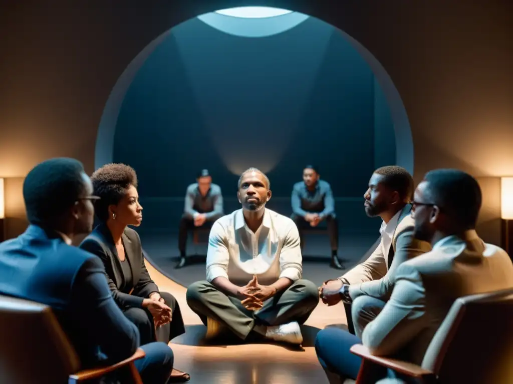 Escena en culto: líder carismático dirige con coerción psicológica en cultos, miembros atentos y vulnerables en penumbra