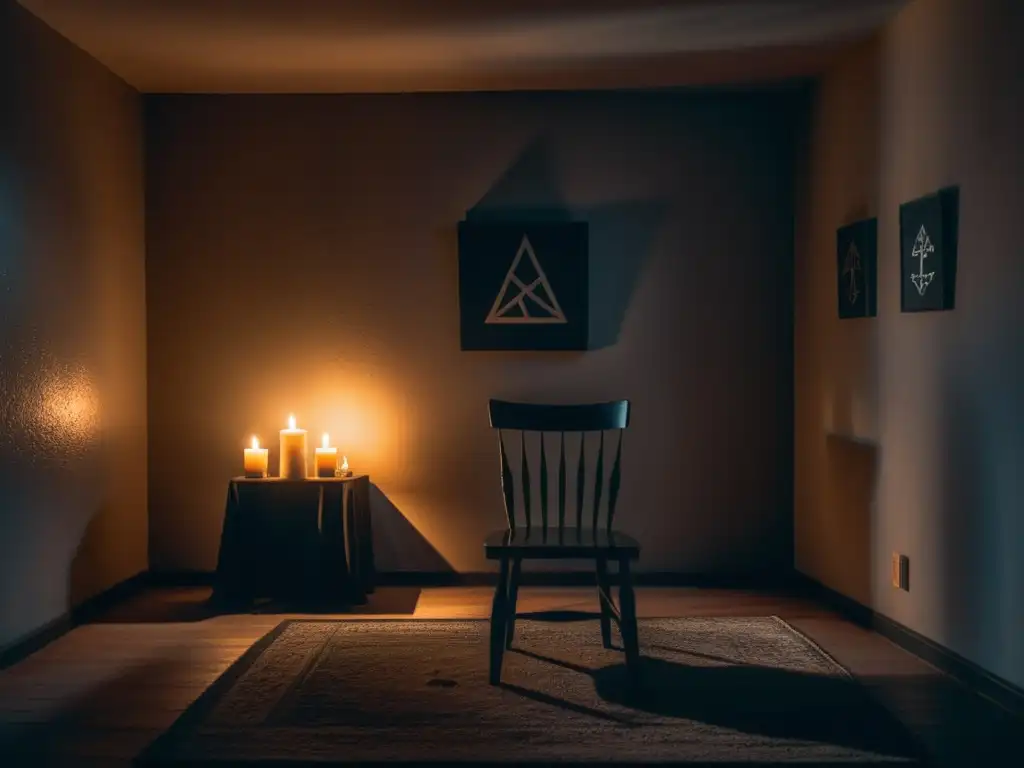 Sala de culto con silla solitaria y velas Escena inquietante en una habitación con una silla iluminada por velas y símbolos siniestros en las paredes, evocando películas sobre cultos y sectas