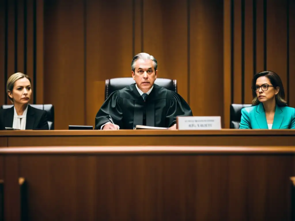 Escena judicial intensa con juez y abogados, transmitiendo autoridad y seriedad