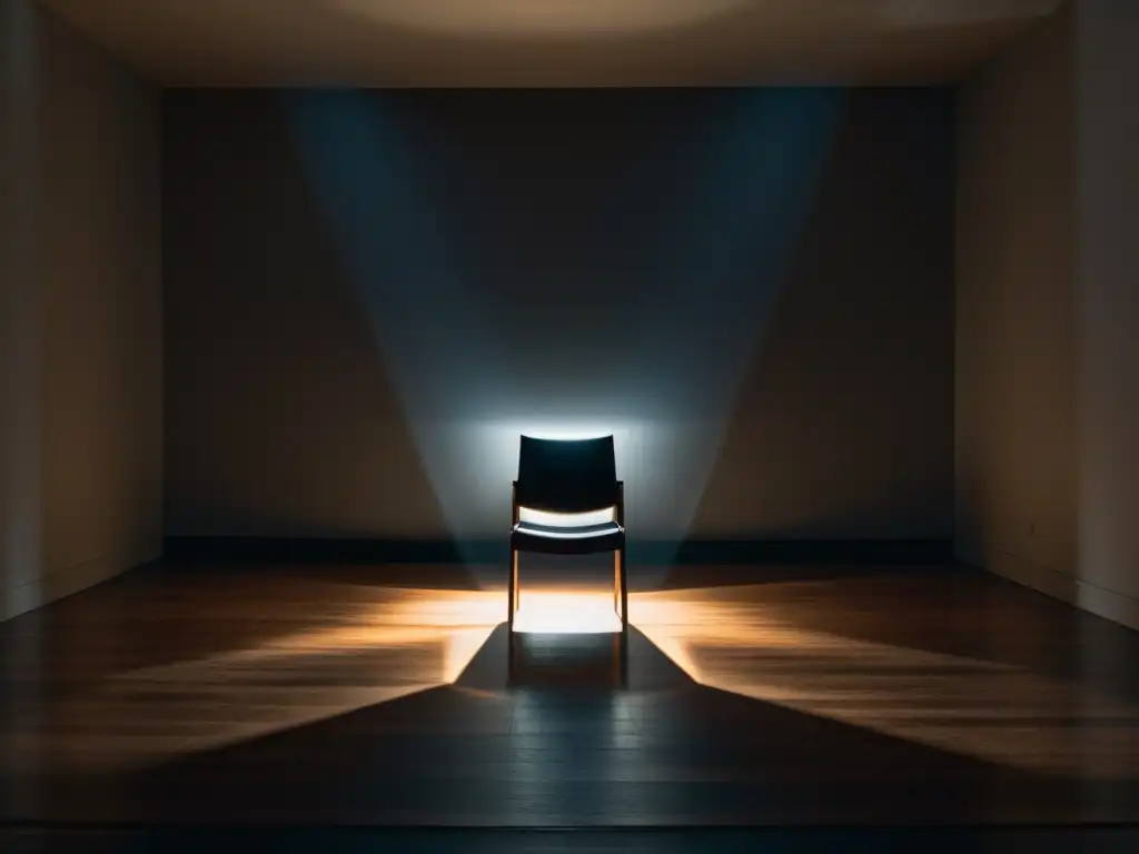 Escena oscura con silla iluminada y figuras siniestras, evocando tácticas psicológicas para abandonar culto