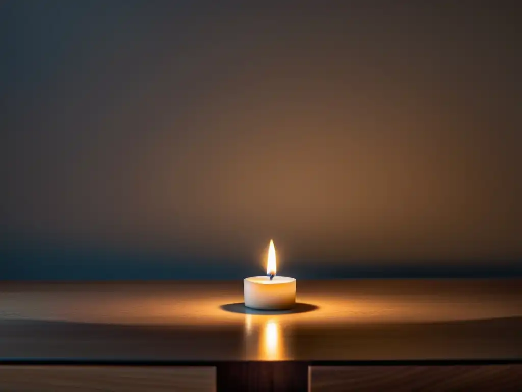 Reflexión serena: vela solitaria ilumina la habitación Una escena serena y minimalista en una habitación tenue iluminada por una vela solitaria, evocando introspección y calma