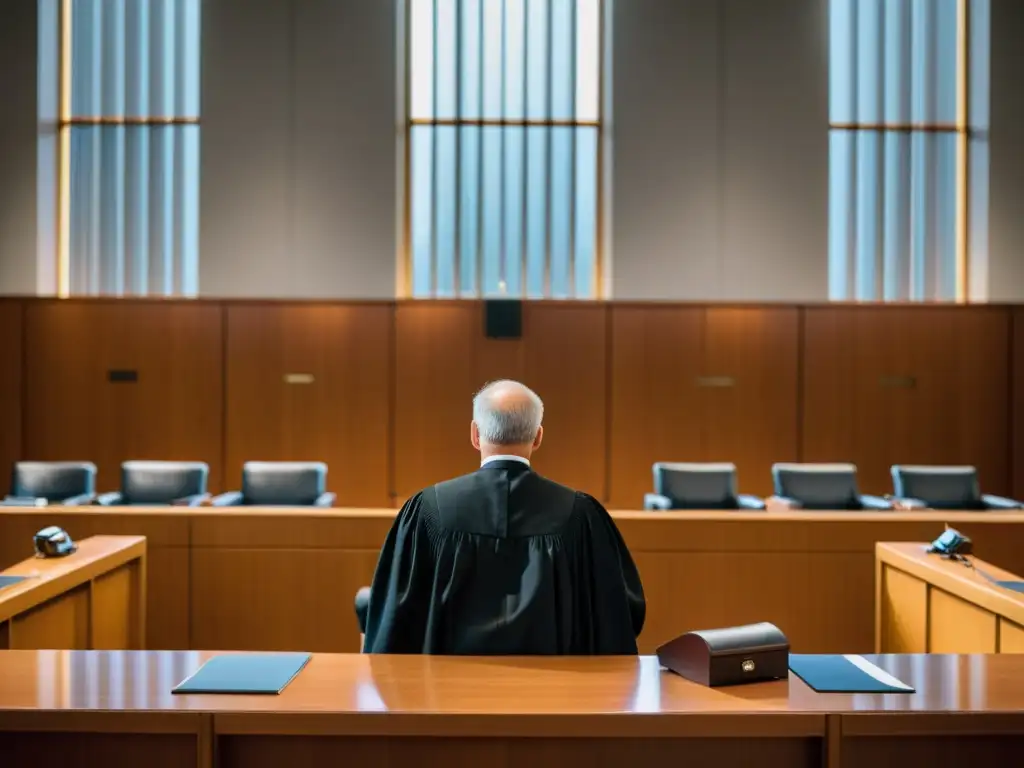 Escena serena en la sala del tribunal: justicia en equilibrio Una escena serena en la sala de audiencias con un juez presidiendo un juicio, llena de luz natural cálida