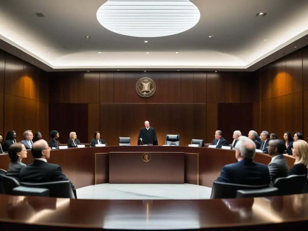 Intenso juicio: Abogados y jueces deliberan Escena de tribunal con abogados y jueces debatiendo intensamente, mientras un orador defiende un argumento legal