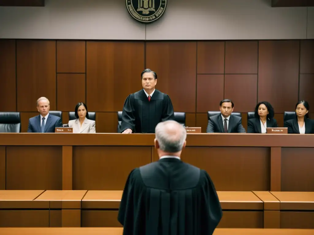 Juicio a líderes de sectas: escena sobria y tensa en la corte Escena de tribunal con un juez presidiendo un juicio relacionado con líderes de cultos abusivos