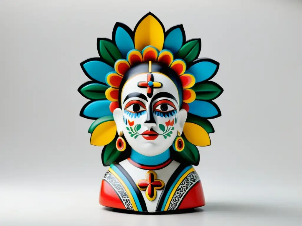 Santos mexicanos: escultura folk art detallada y colorida Escultura mexicana detallada que refleja la compleja relación entre culto a figuras religiosas y la influencia del crimen organizado en la sociedad