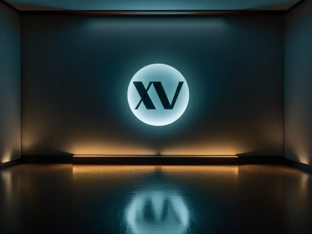Un espacio tranquilo y misterioso con el símbolo iluminado de NXIVM secta élite esclavitud sexual reflejado sutilmente