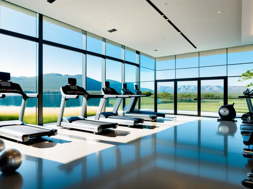 Espacioso gimnasio moderno con equipamiento de vanguardia y vista panorámica a la naturaleza