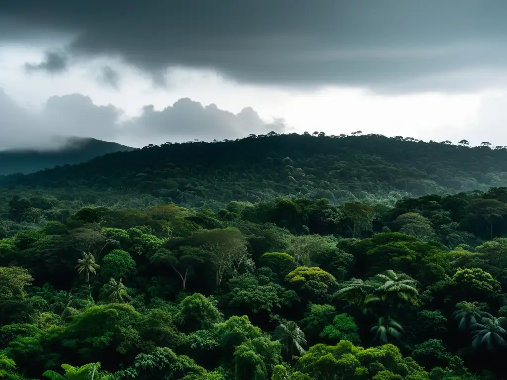 Selva densa: atmósfera ominosa y aislamiento inquietante Un espeluznante paisaje de jungla densa bajo un cielo amenazante