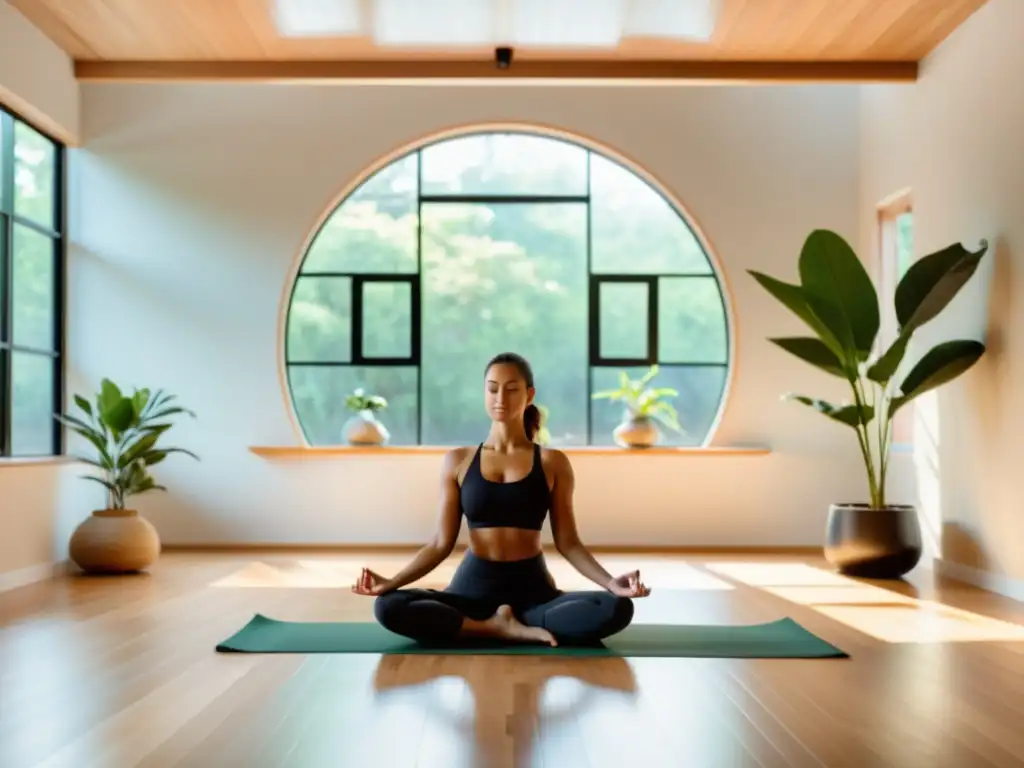 Un estudio de yoga sereno con luz natural y un practicante en postura meditativa, evocando paz interior