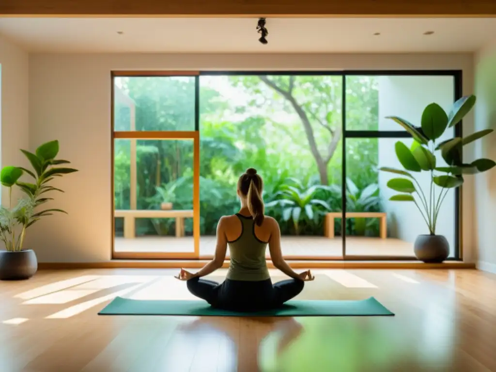 Un estudio de yoga sereno y minimalista con luz natural, plantas exuberantes y suelos de madera