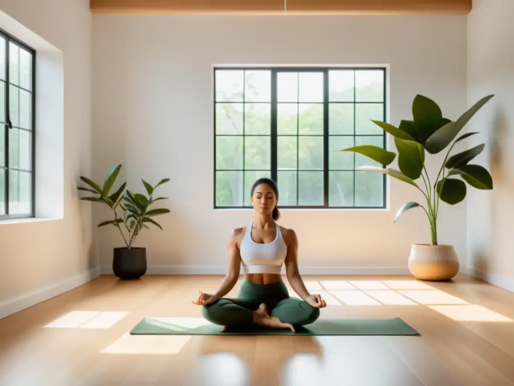 Un estudio de yoga sereno y minimalista con luz natural y toques de vegetación