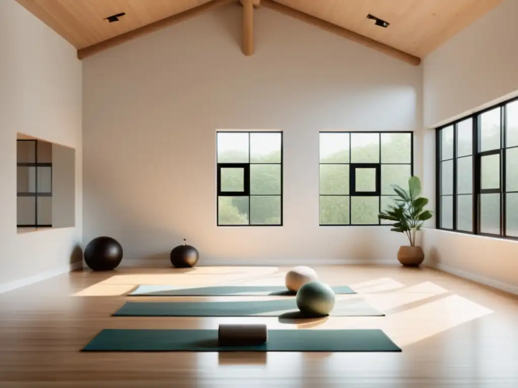 Un estudio de yoga sereno y minimalista, con luz natural y decoración tranquila