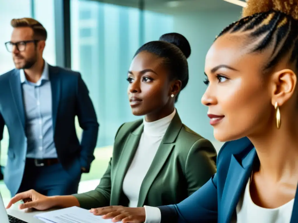 Ex miembros de culto participan con determinación en reunión de equipo en una oficina moderna, simbolizando éxito en el desafío laboral en cultos