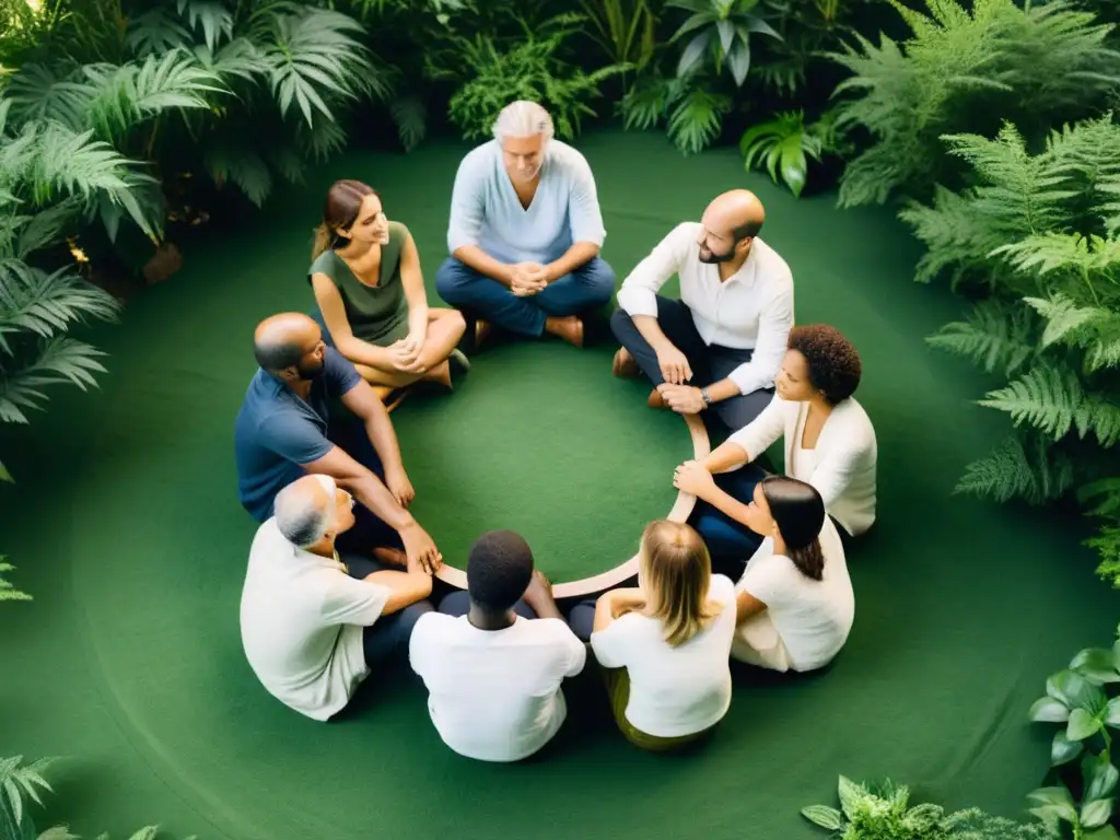 Ex cultistas encuentran sanación y esperanza en la naturaleza Exmiembros de sectas comparten historias de esperanza en círculo al aire libre, bajo suave luz natural, transmitiendo calma y solidaridad