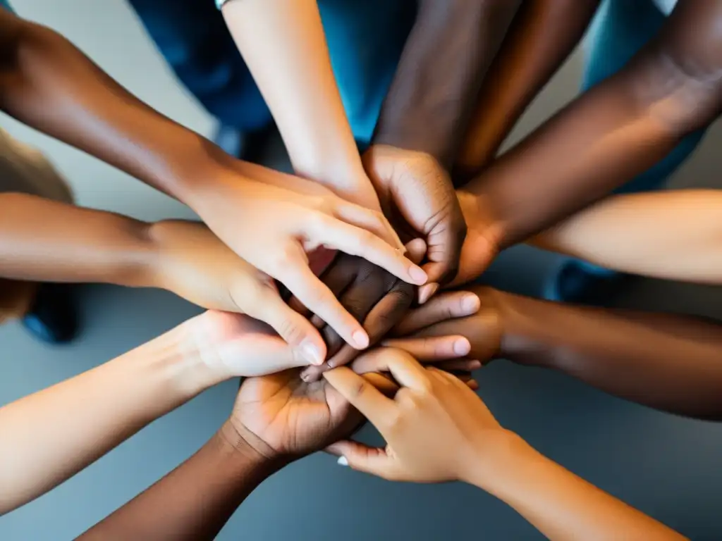 Unidos en diversidad: círculo de apoyo y solidaridad Exmiembros de sectas historias esperanza: imagen de individuos diversos entrelazando sus manos en círculo, simbolizando apoyo y unidad