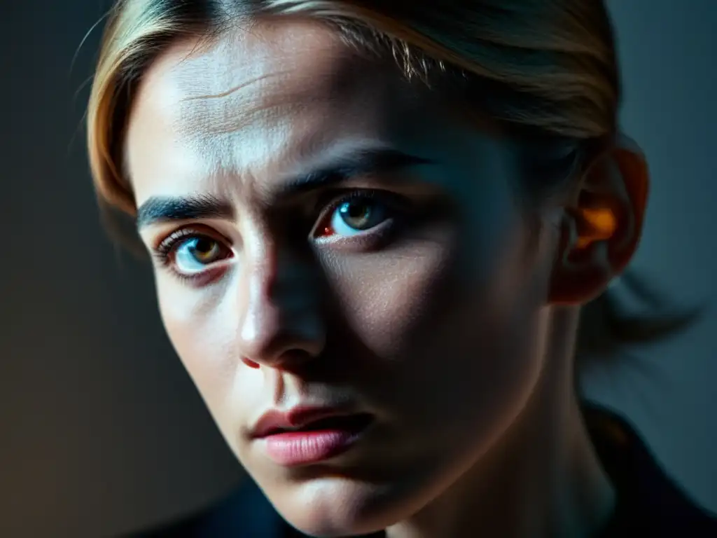 Retrato de rostro atormentado: expresión intensa y dramática 'Una expresión pensive en un rostro iluminado dramáticamente, con ojos intensos y reflexivos, transmitiendo un sentido de lucha interna