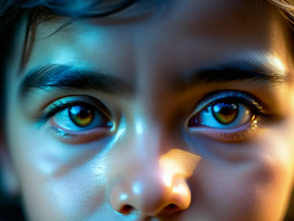 Expresión sombría en los ojos de un niño, iluminados con suavidad
