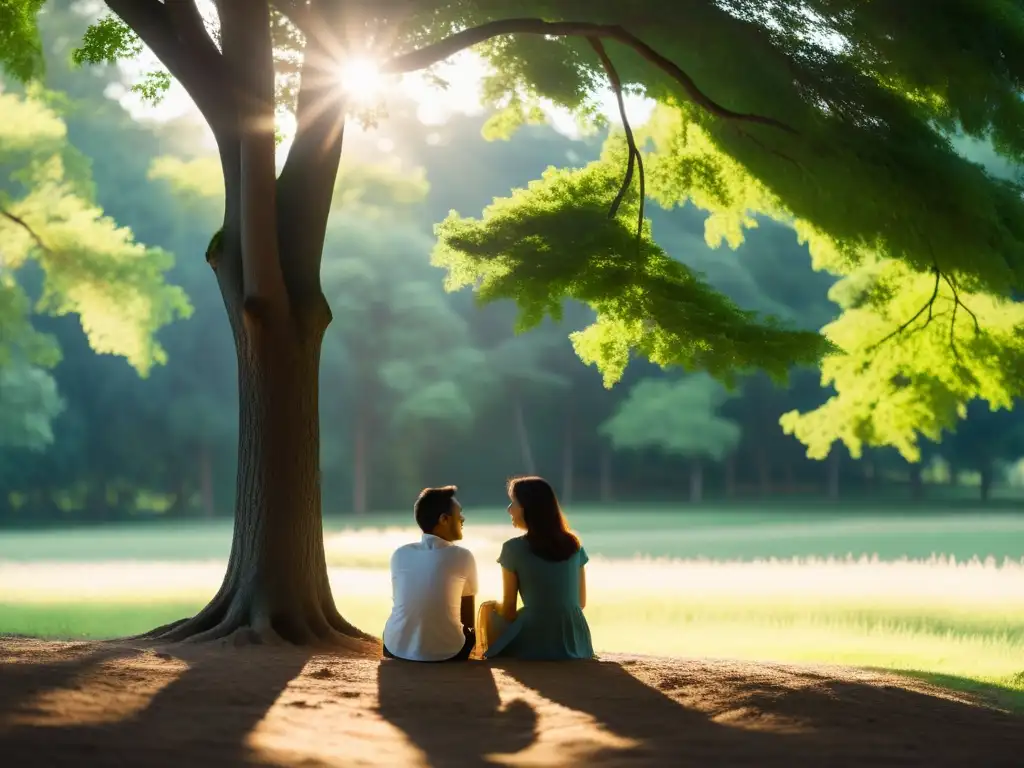 Una familia disfruta de una conversación relajada bajo la cálida luz del sol en un entorno sereno