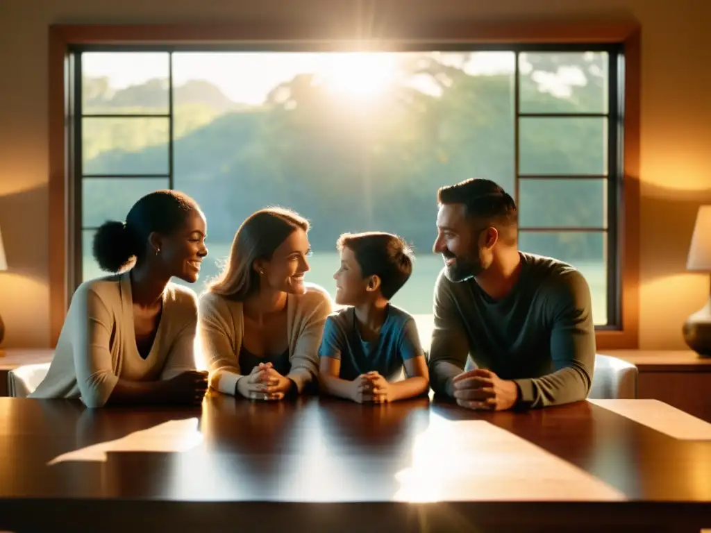 Una familia se reúne alrededor de una mesa en una escena tranquila y emotiva