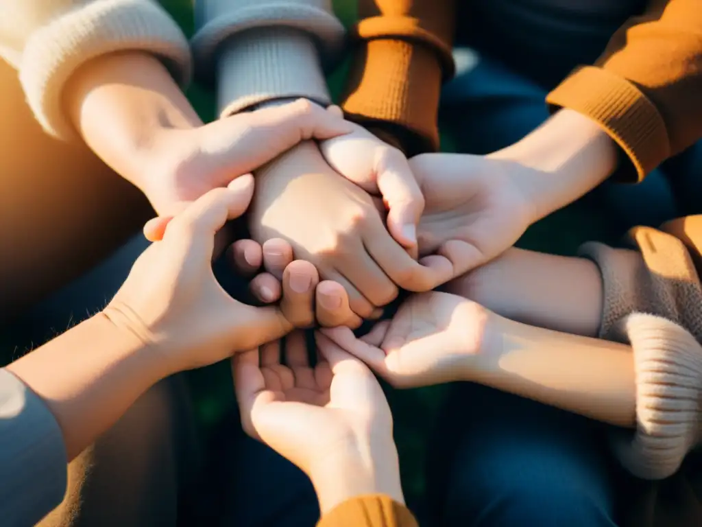 Una familia unida en círculo, transmitiendo apoyo y unidad bajo una cálida luz natural
