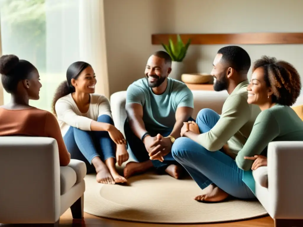 Una familia unida en círculo, conversando con confianza en un acogedor salón iluminado naturalmente