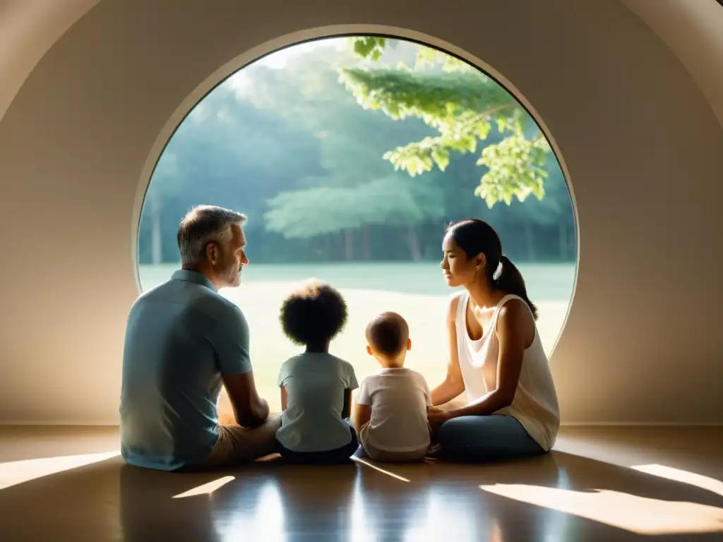 Reconstruyendo la Familia: Serenidad y Unidad Una familia unida, iluminada por la luz natural, refleja calma y unidad, reconstruyendo su identidad postsect