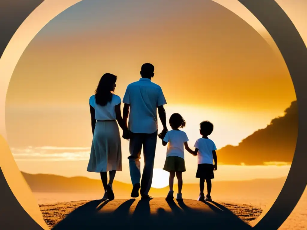 Una familia unida, sentada en círculo, tomados de las manos, bajo un cálido atardecer dorado
