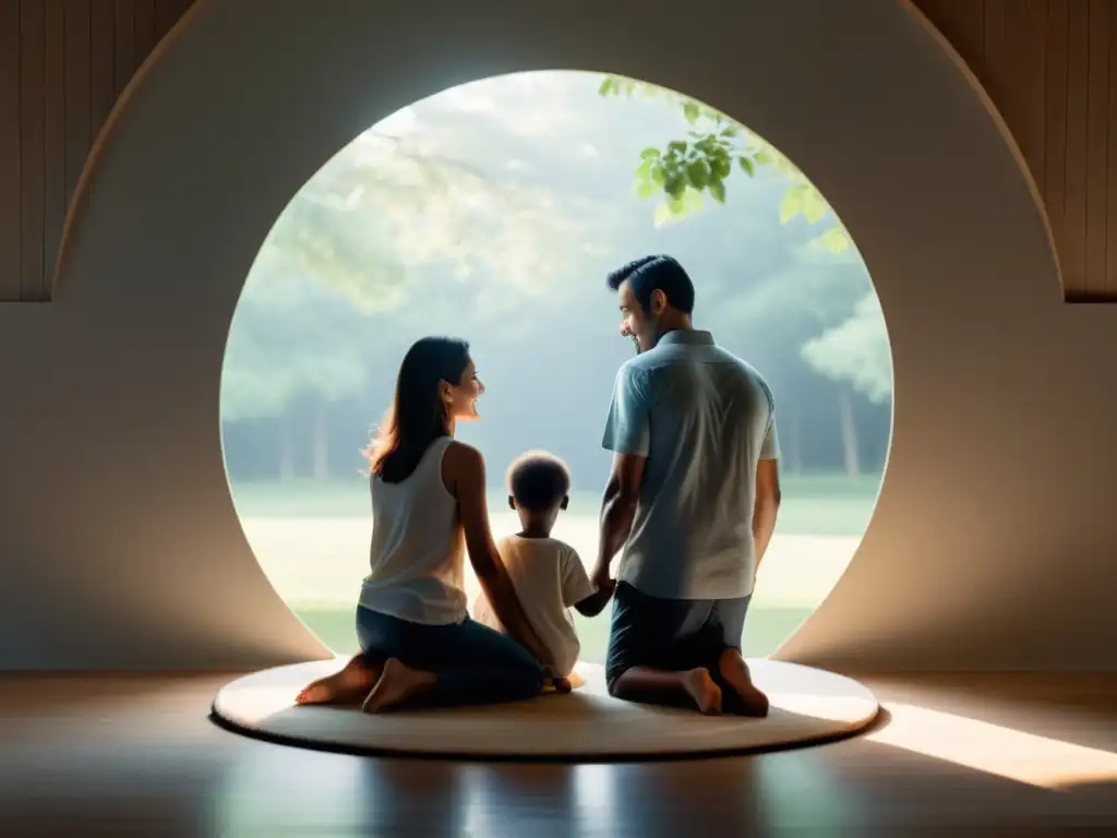 Armonía familiar: un círculo de unidad y tranquilidad Una familia unida y tranquila, iluminada suavemente, refleja la armonía familiar, en contraste con el impacto de nuevas sectas en la dinámica familiar