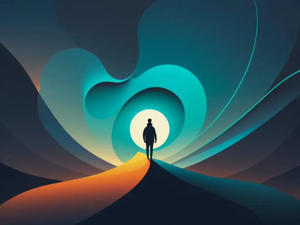 Figura emergiendo de caos hacia paisaje sereno, simbolizando recuperación mental tras experiencia cultos