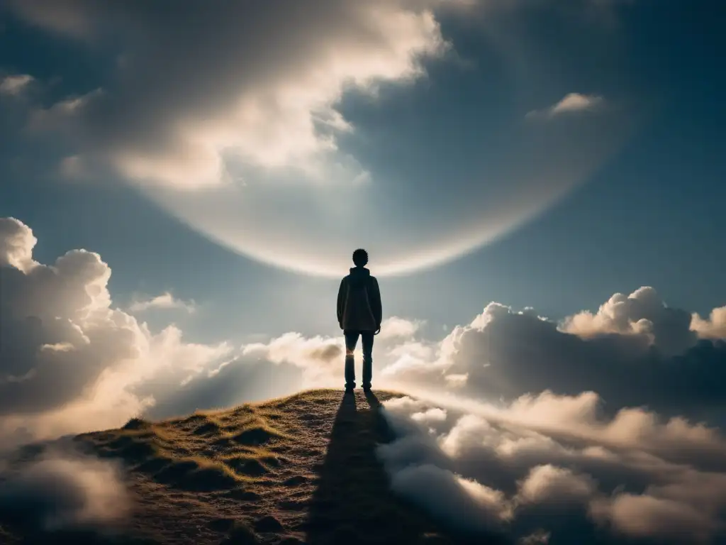 Resiliencia en la luz y sombra: una mirada hacia la esperanza Una figura contemplativa en la luz, proyectando una sombra larga