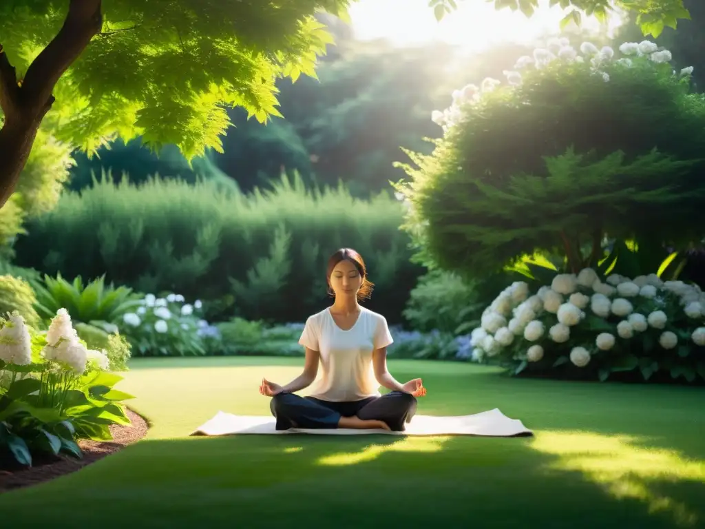 Figura en meditación: paz y naturaleza Una figura contemplativa en un jardín sereno, iluminada por el sol, transmite paz interior