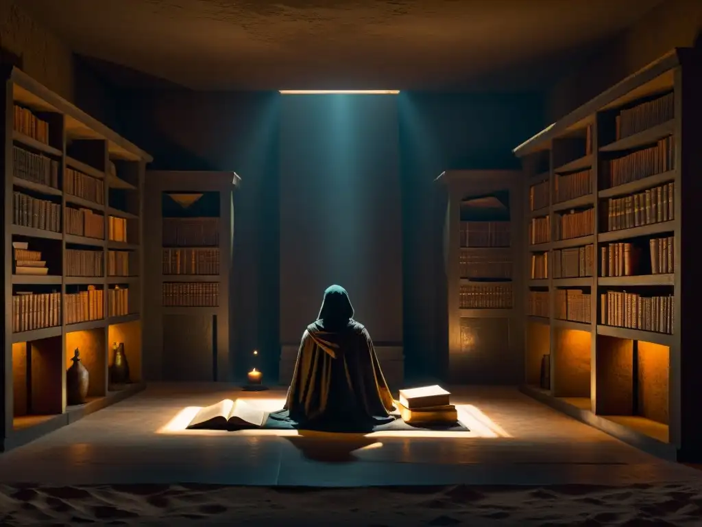 Maestro de la manipulación: misterio y sombras en la cámara Figura enigmática rodeada de tomos antiguos, orquestando manipulaciones psicológicas