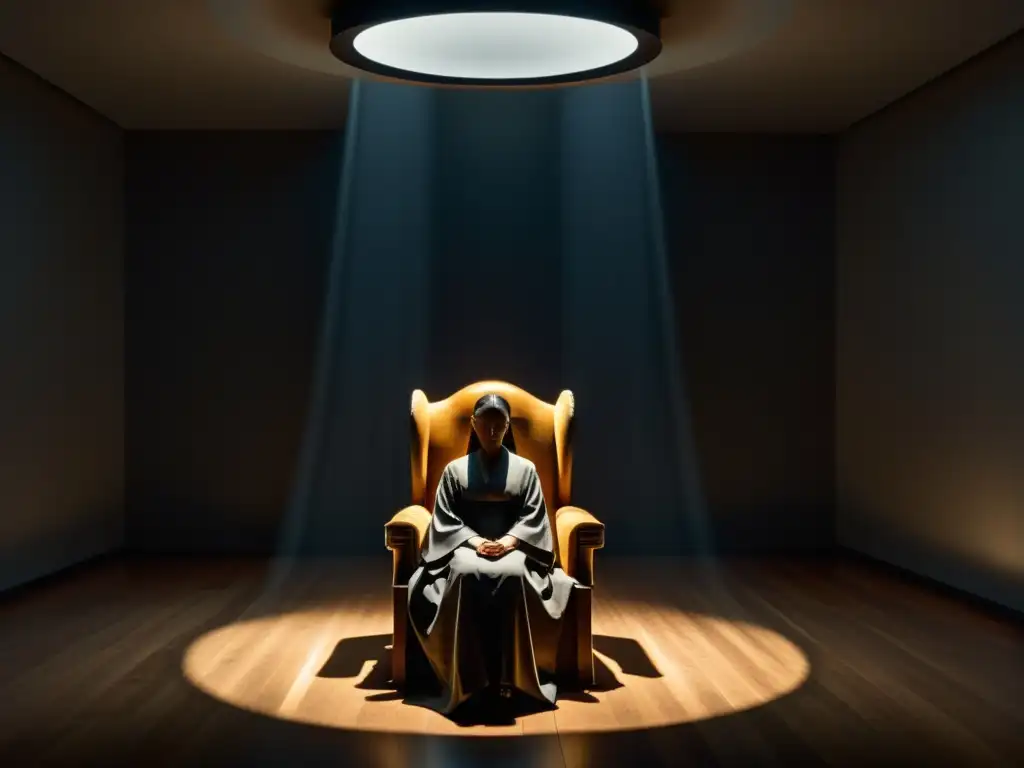 Figura misteriosa en trono, rodeada de seguidores sumisos Figura misteriosa en silla trono rodeada de seguidores en penumbra