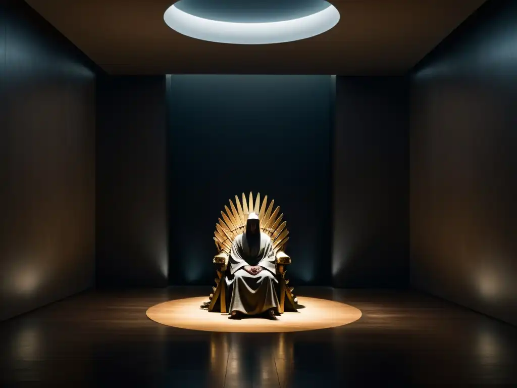 Figura misteriosa en trono rodeada de seguidores en penumbra Figura misteriosa en trono rodeada de seguidores en penumbra