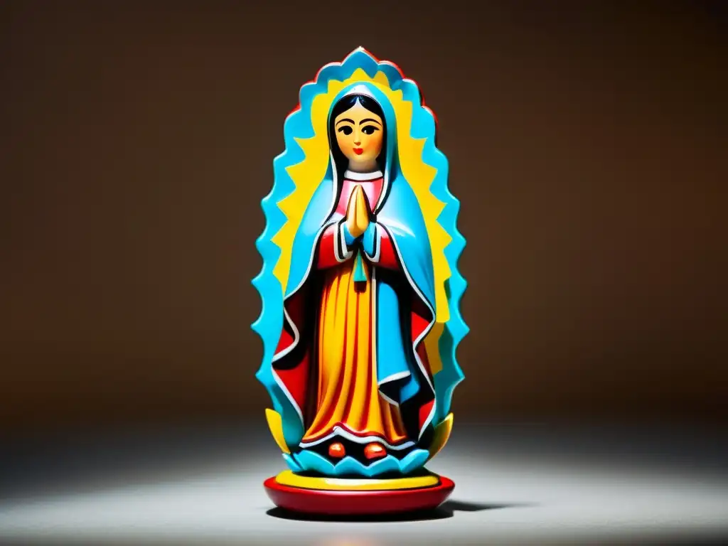 Icono religioso mexicano: fe y misterio Una figura religiosa mexicana detallada y colorida destaca sobre un fondo sobrio, simbolizando la relación entre culto figuras religiosas